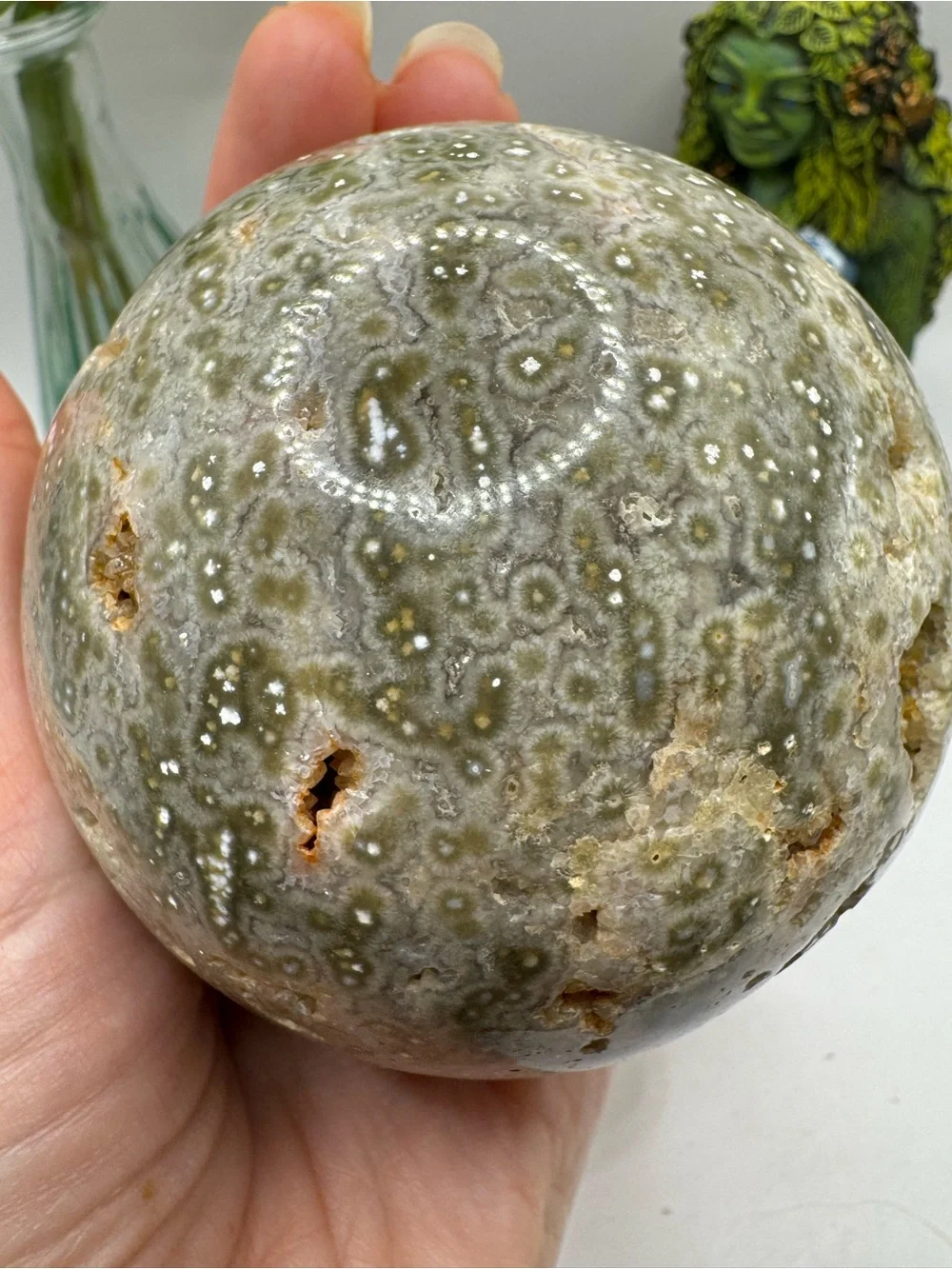 Natural Green-White ocean jasperGeode Sphere - Decorative Reptile Habitat Accent